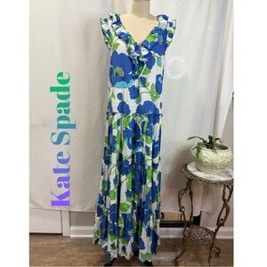 Kate Spade Blue Green Floral Ruffle V-Neck Sleeveless Dress size 6